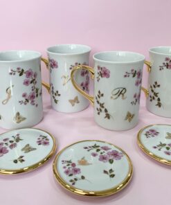 Caneca com Tampa Floral Ouro